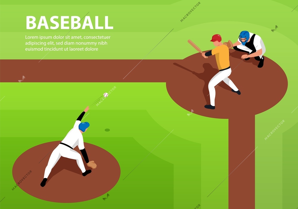 Baseball players on sports field 3d isometric horizontal vector illustration