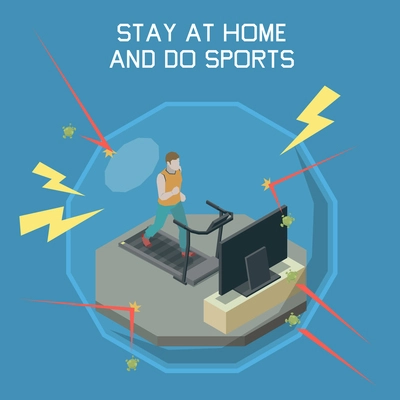 Stay at home concept with do sports symbols isometric  vector illustration