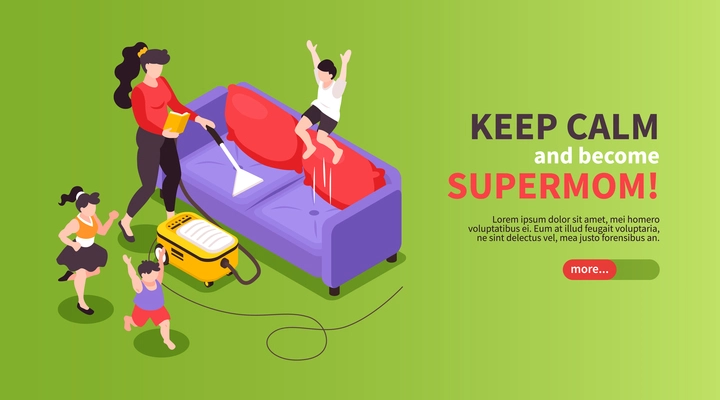 Super mom household isometric colorful web banner with 3 active little kids mother vacuuming sofa vector illustration