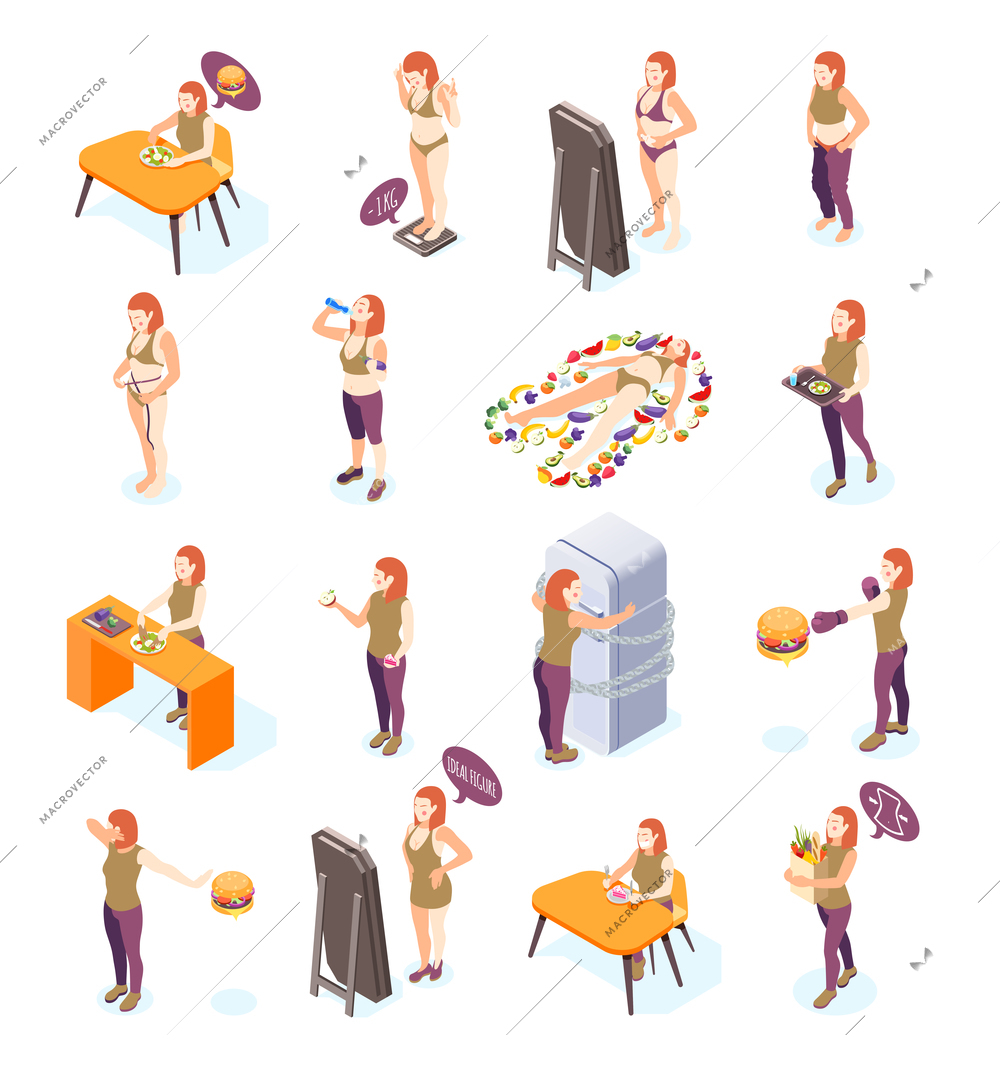 Woman on diet isometric recolor set with women eating looking in mirror struggling with excess weight vector illustration