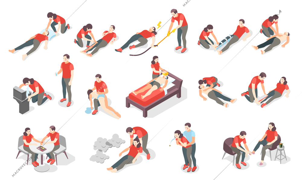 First aid steps isometric set of icons and human characters providing first aid treatment to persons vector illustration