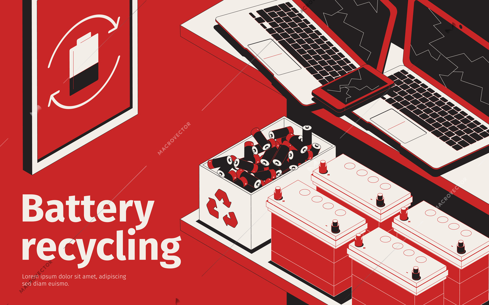 Battery recycling isometric concept with garbage containers vector illustration