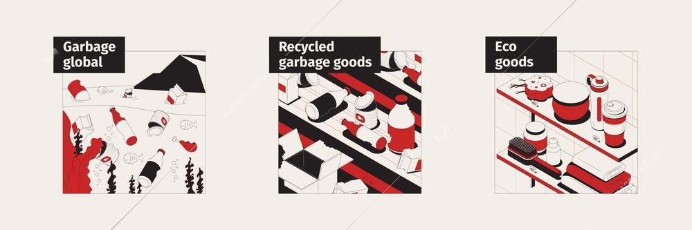 Set of isometric compositions with garbage recycling process and eco goods on shelves vector illustration