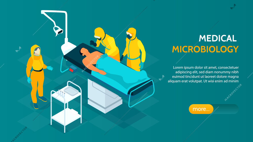 Epidemiology microbiology research center isometric web banner with medical staff in protective suits examines patient vector illustration