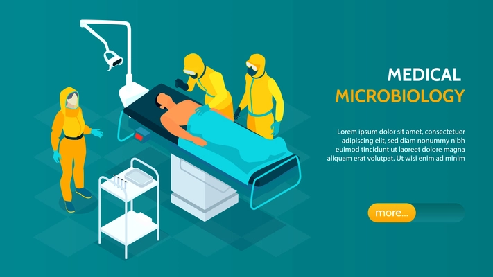 Epidemiology microbiology research center isometric web banner with medical staff in protective suits examines patient vector illustration