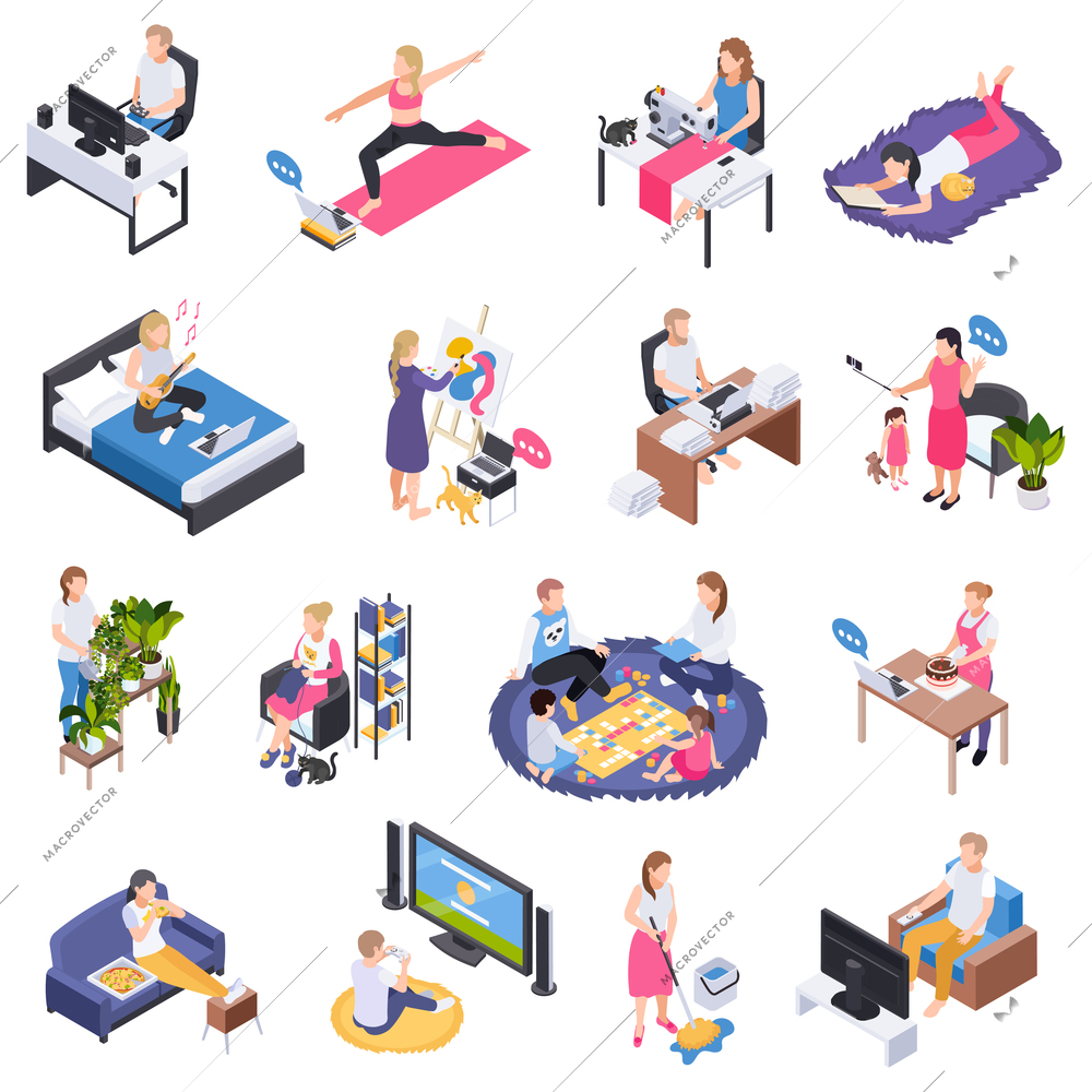 Staying home working remotely watching tv playing with kids watering plants reading sewing isometric set vector illustration