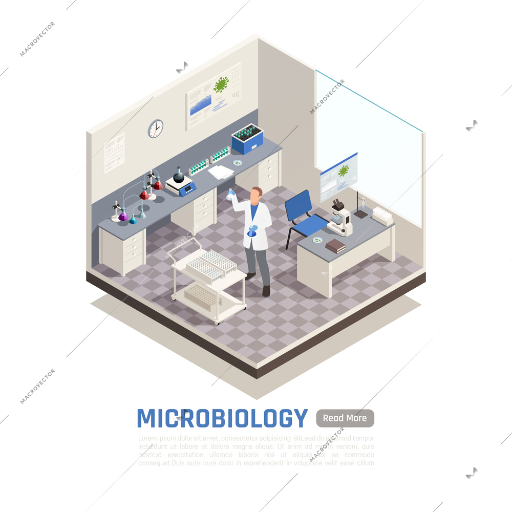 Microbiology isometric composition with male scientist researching in laboratory 3d vector illustration