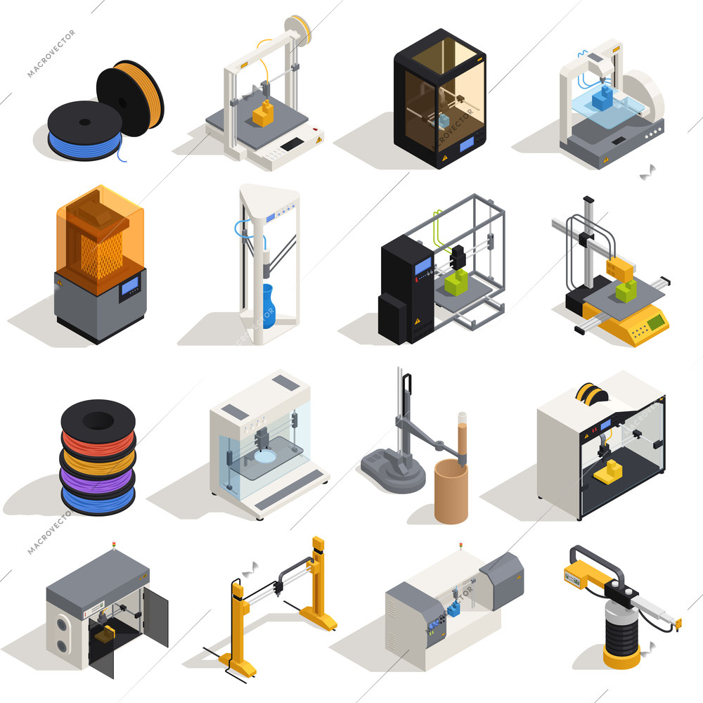 Isometric icons set with equipment for 3d printing isolated on white background vector illustration