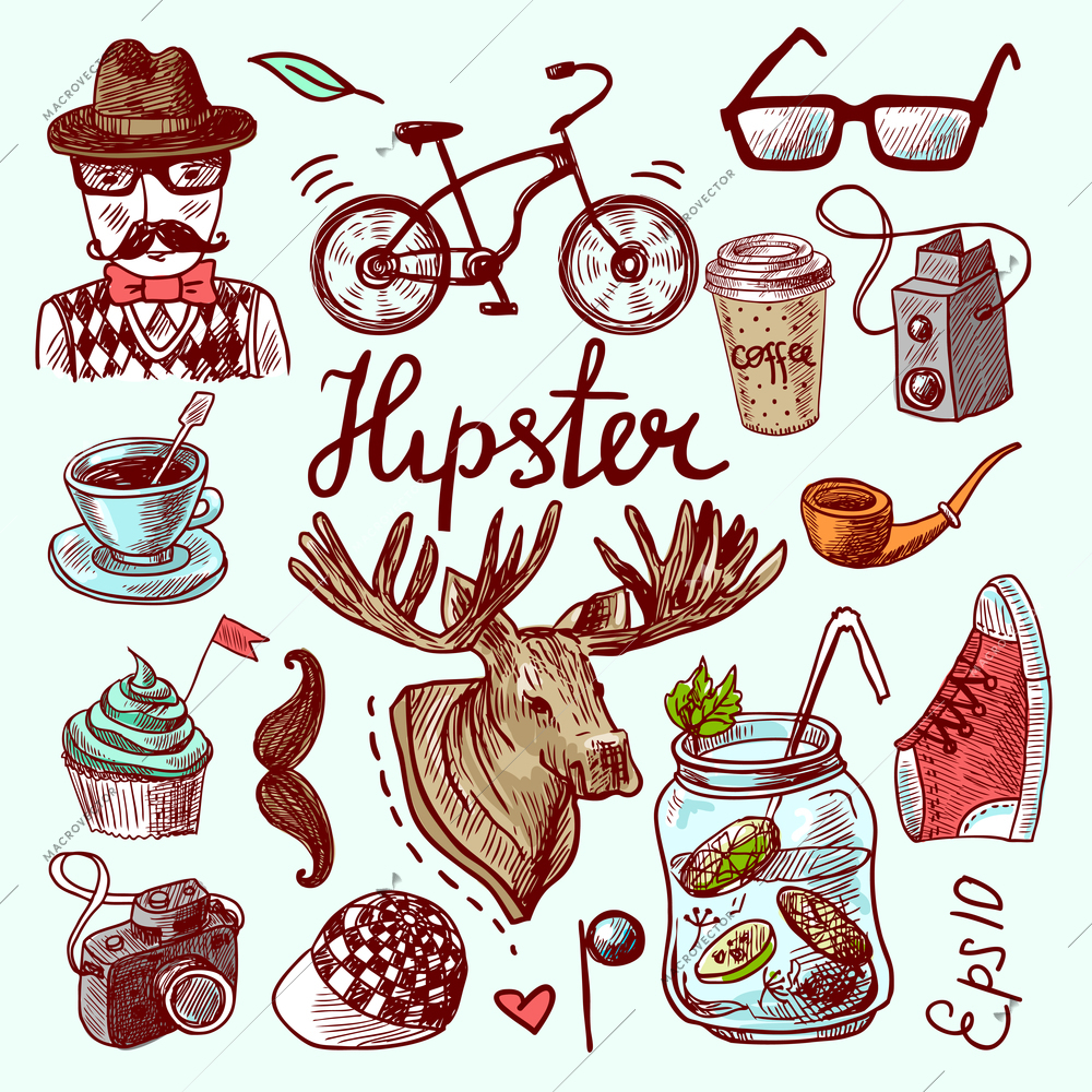 Set of hipster style doodles vintage antlers bicycle camera shoe icons in color vector illustration