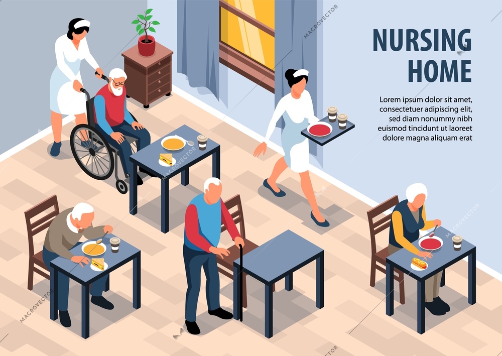 Isometric nursing home background composition with view of dining room in seniors complex with editable text vector illustration