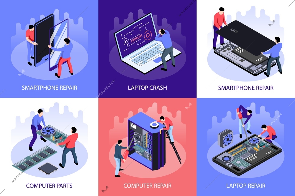 Isometric computer repair design concept 3x2 set of square compositions with smartphones and computers repairmen characters vector illustration