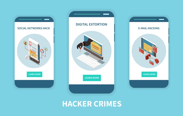 Hacker fishing digital crime isometric colored concept with hacker crimes headline and descriptions vector illustration