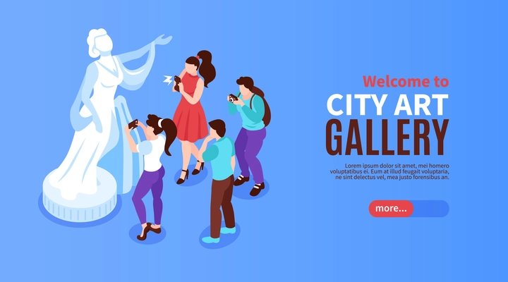 Isometric art gallery horizontal banner with images of statue surrounded by photographers text and more button vector illustration