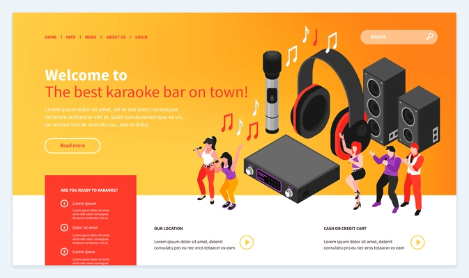 Isometric karaoke website template design with clickable links text buttons and party people with audio equipment vector illustration