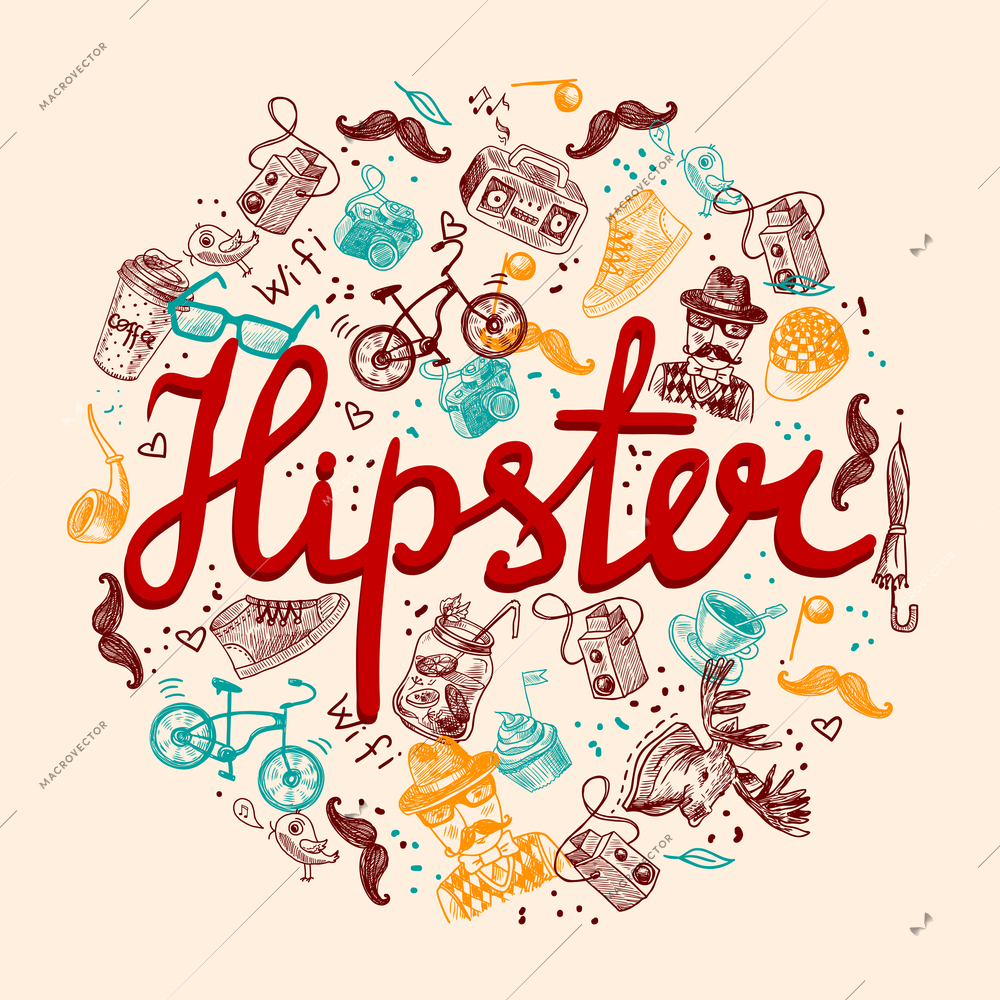 Hipster bicycle doodles man vintage composition with sketch icons vector illustration