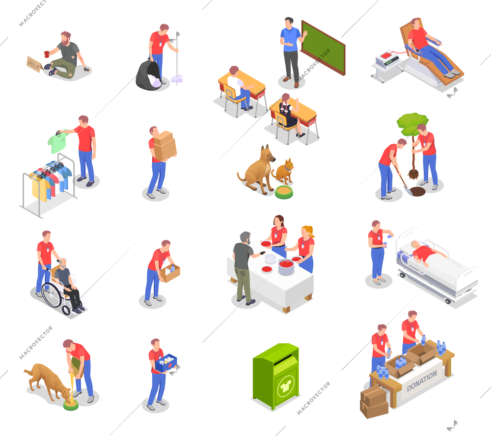 Charity donation volunteering isometric set with isolated icons and human characters of working volunteers in uniform vector illustration