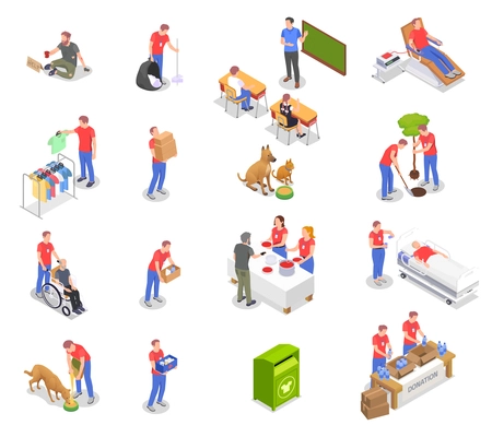 Charity donation volunteering isometric set with isolated icons and human characters of working volunteers in uniform vector illustration