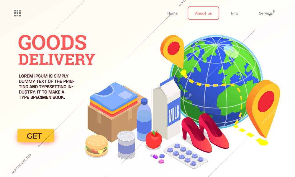 Delivery company service isometric website with icons of worldwide tracking and consumer products with clickable links vector illustration