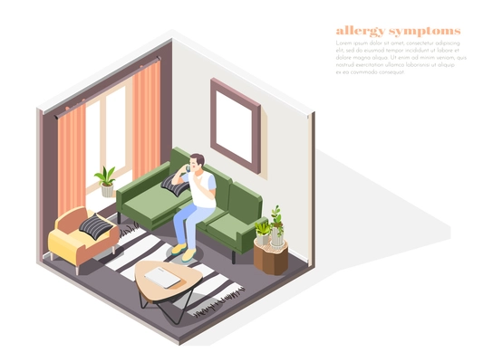 Allergy symptoms composition with nasal congestion symbols isometric vector illustration