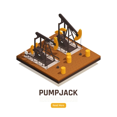 Natural resources oilfield technology pumping unit isometric web page with 2 pumpjacks and yellow barrels vector illustration
