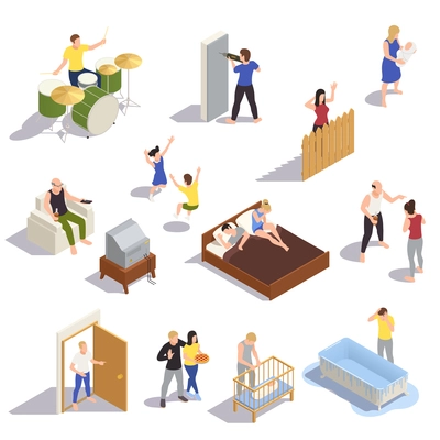 Neighbors relations conflicts isometric set with  noisy children arguing partners loud music next door drilling vector illustration