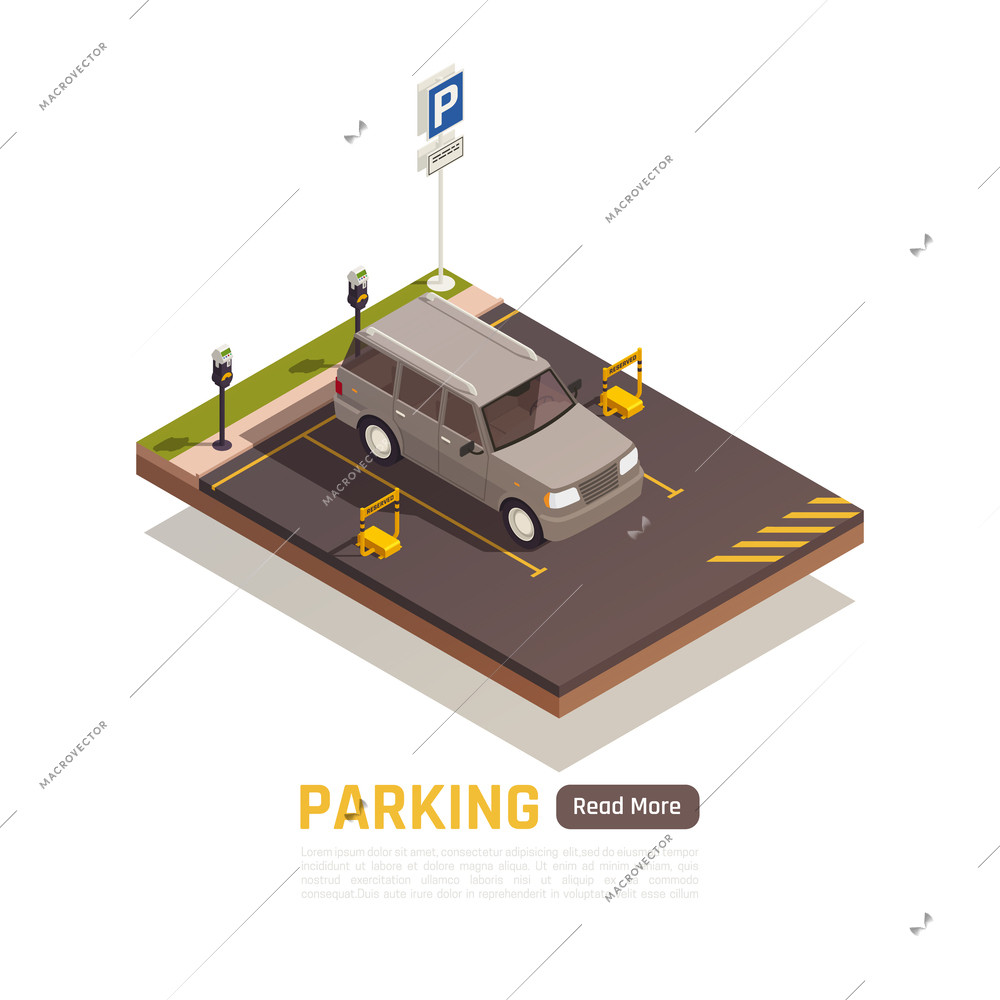 Reserved parking lot with authorized personnel only sign and parked four wheel drive vehicle vector illustration