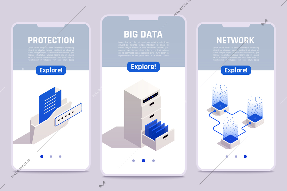 Big data storage privacy network access protection solutions 3 isometric mobile smartphones screens templates set vector illustration