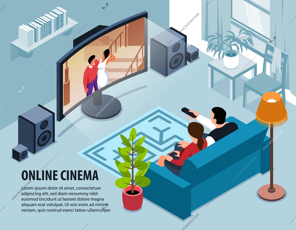 Isometric home online cinema background with indoor living room interior with tv set people and text vector illustration