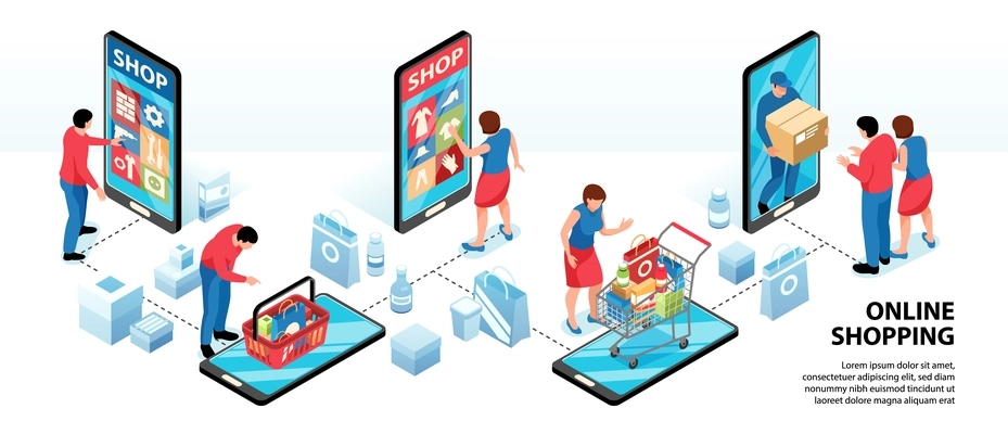 Isometric online shopping infographics with human characters images of goods and smartphone displays with editable text vector illustration