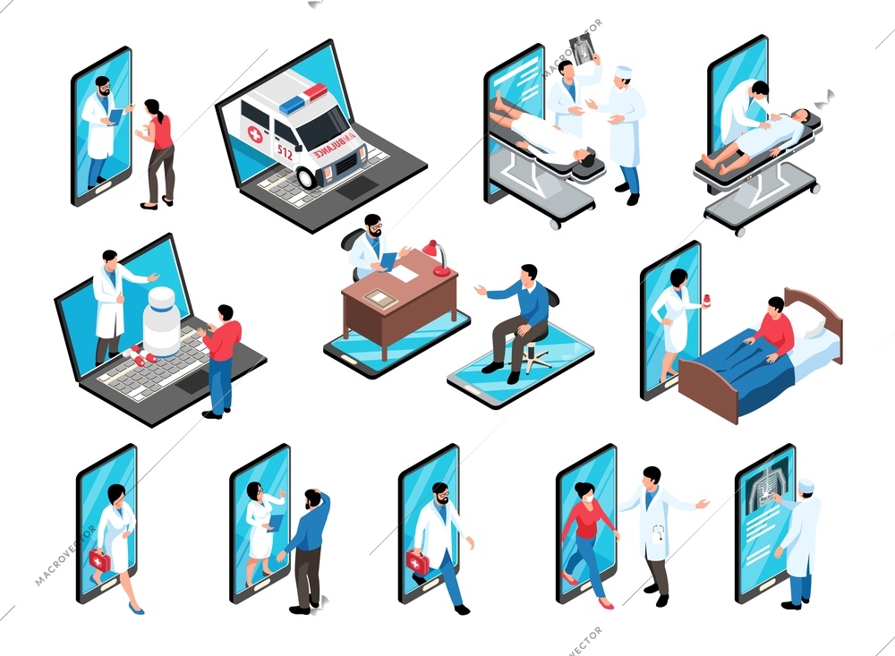 Isometric online medicine set of isolated electronic gadget icons doctors and patients characters with ambulance car vector illustration