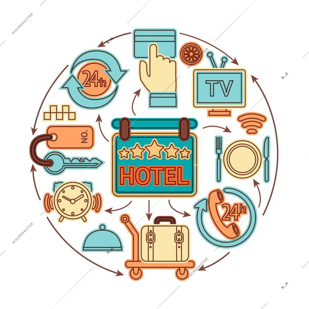 Hotel room service travel business outline icons concept vector illustration