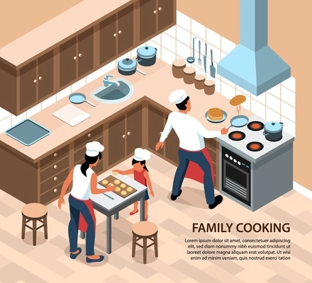 Isometric people cooking background composition with editable text and home kitchen scenery with family member characters vector illustration