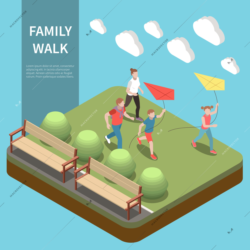 Family leisure playing isometric composition family walk headline and children play with a kite in park vector illustration