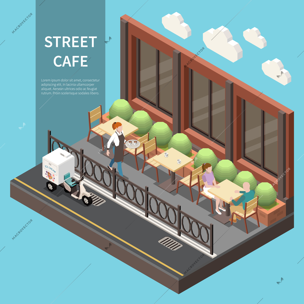 Street cafe terrace isometric colored composition with several tables on the open air veranda vector illustration