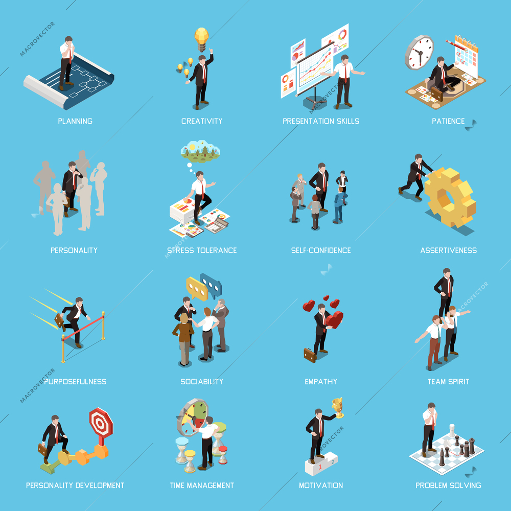 Soft skills isometric concept icon set with planning creativity presentation skills patience personality stress tolerance and other descriptions vector illustration