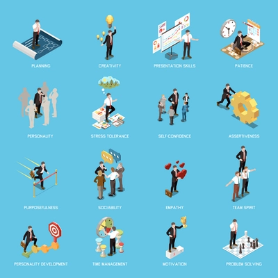 Soft skills isometric concept icon set with planning creativity presentation skills patience personality stress tolerance and other descriptions vector illustration