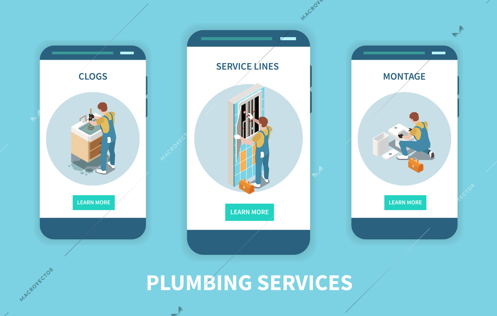 Three vertical plumber isometric banner set with clogs service lines and montage descriptions vector illustration