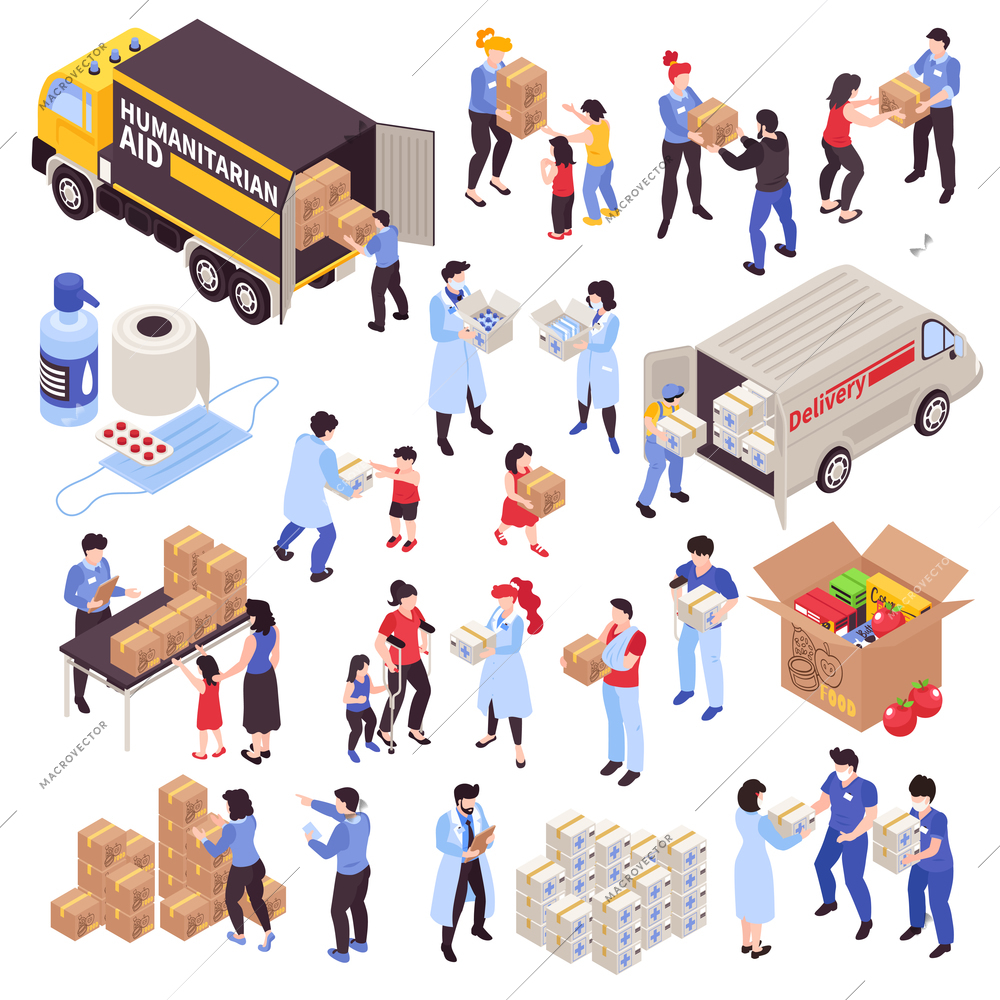 Humanitarian support isometric icons set with volunteers refugees disabled people and boxes with food and medication 3d isolated vector illustration