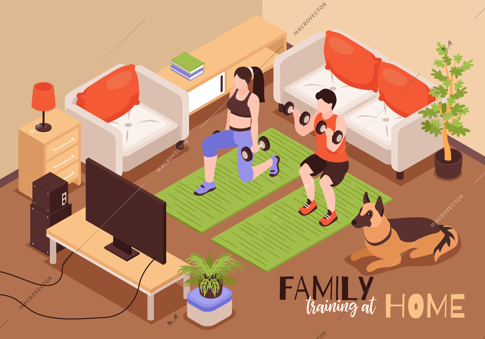 Isometric home fitness family composition of text with living room scenery and couple practicing with barbells vector illustration