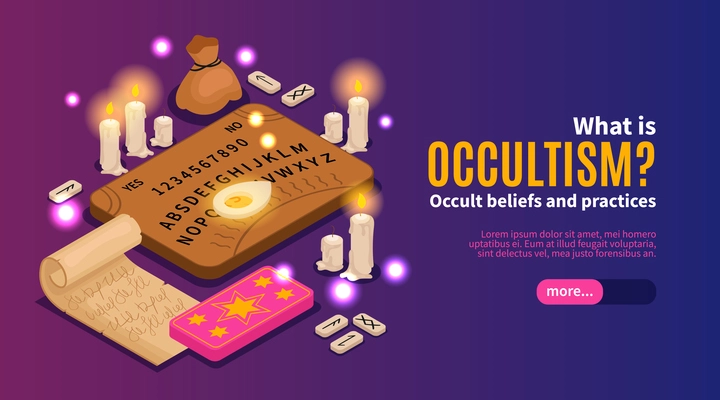 Isometric psychic fortune occult horizontal banner with images of candles ancient script text and more button vector illustration