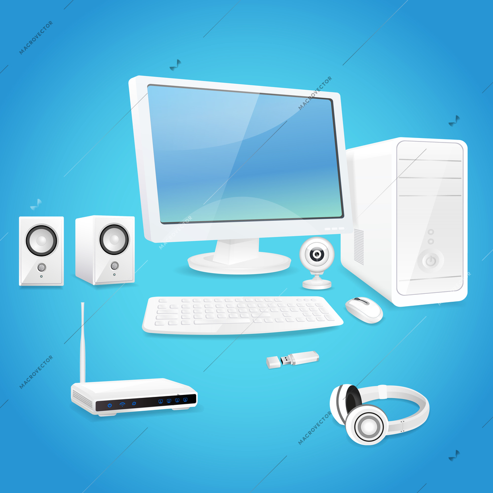 Computer and accessories set of monitor speaker keyboard isolated vector illustration