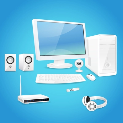 Computer and accessories set of monitor speaker keyboard isolated vector illustration