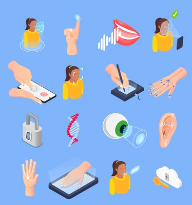 Isometric set of icons with various ways of biometric recognition using face voice fingerprint digital signature veins matching isolated vector illustration