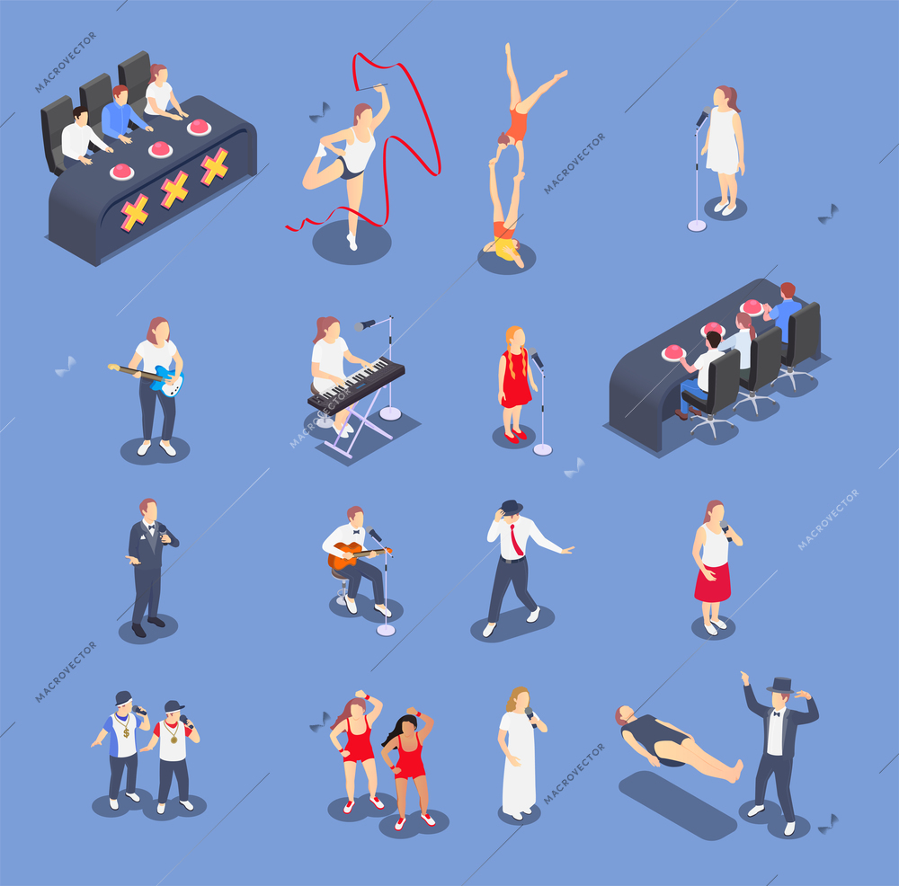 Isometric icons set with performing talent show contestants and judges isolated on blue background 3d vector illustration