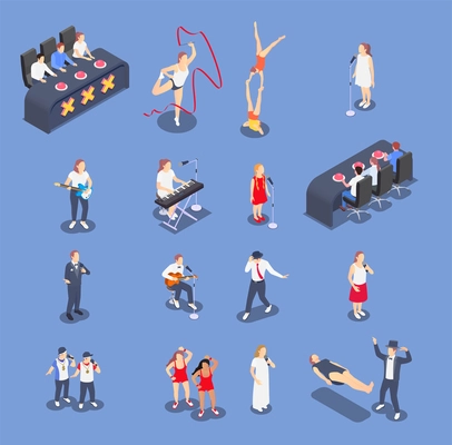 Isometric icons set with performing talent show contestants and judges isolated on blue background 3d vector illustration