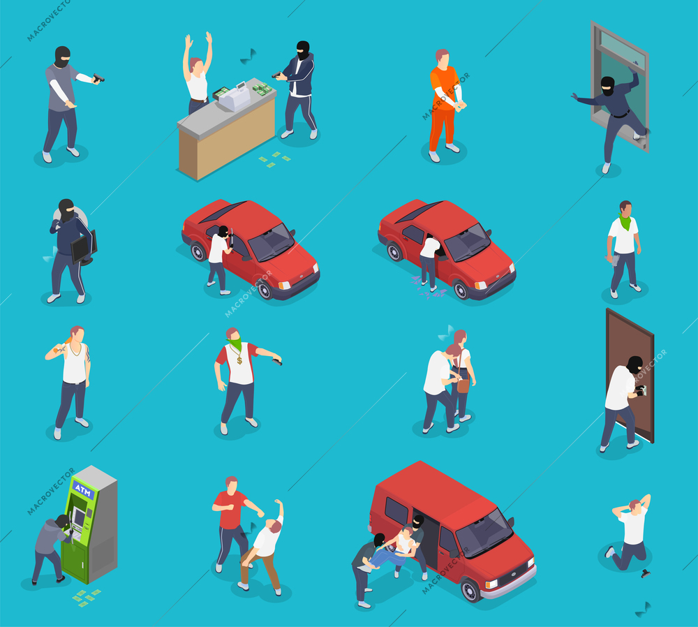 People committing crime isometric icons set with thieves kidnappers gangsters isolated on blue background 3d vector illustration
