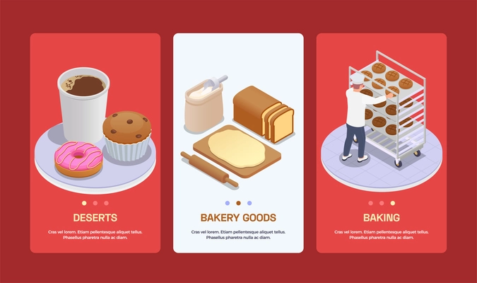 Bakery isometric vertical banners set with fresh bread desserts rolling pin and baker 3d isolated vector illustration