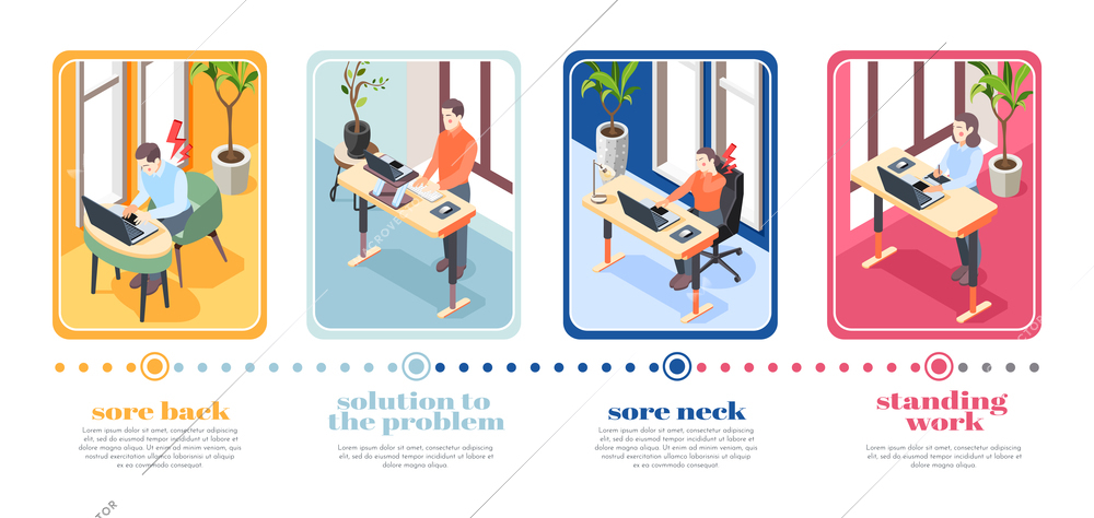 Ergonomic workplace four posters illustrated correct sitting and standing posture for using computer vector illustration