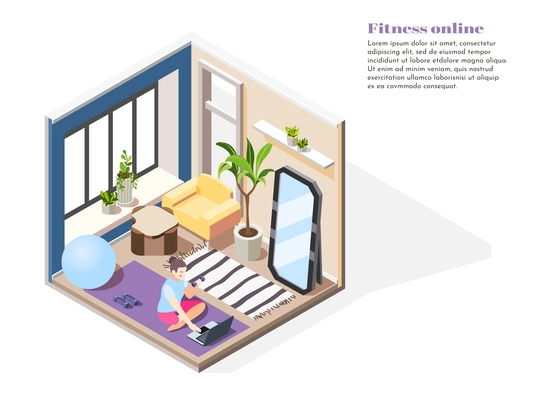 Fitness online isometric composition with woman doing sport exercises on laptop at home  vector illustration