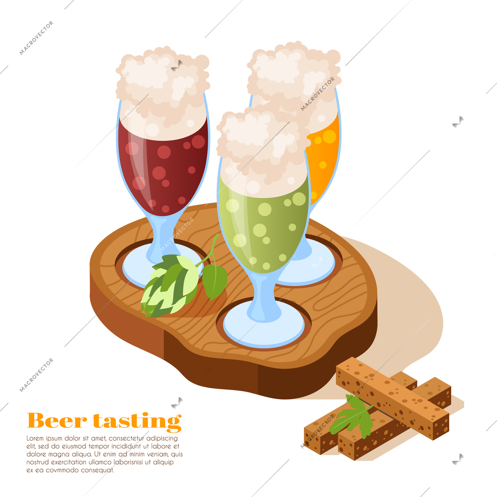 Beer tasting glasses with foam on top on wooden tray with hop twigs isometric background vector illustration